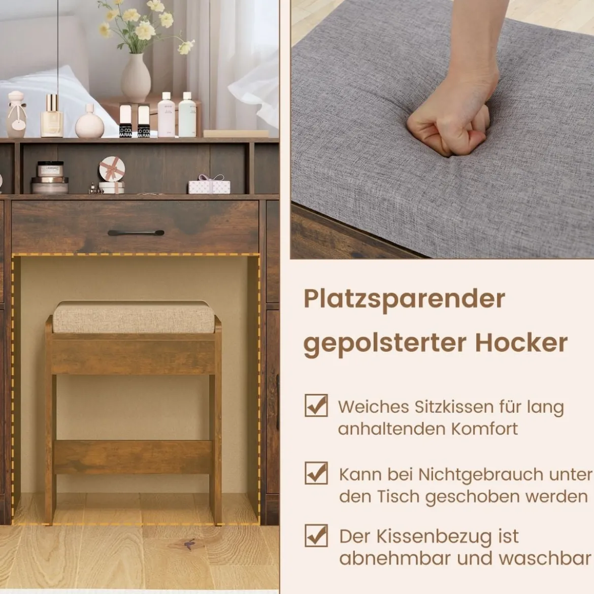 Schminktisch mit Schminkhocker & 3 Lichtfarben LED-Spiegel & Ladestation Frisiertisch Braun