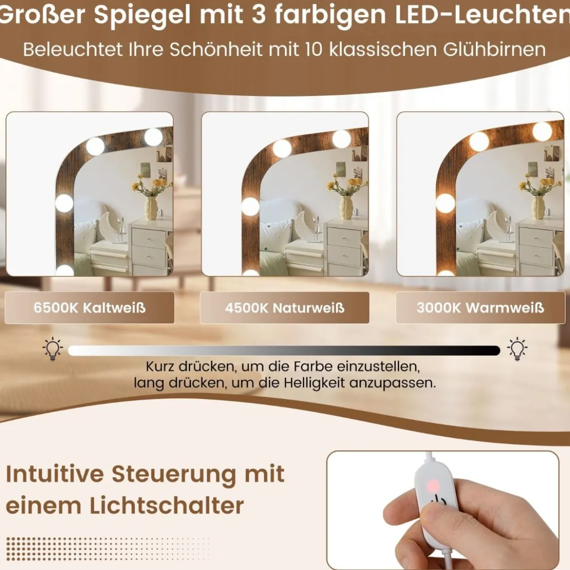 Schminktisch mit Schminkhocker & 3 Lichtfarben LED-Spiegel & Ladestation Frisiertisch Braun