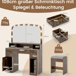 Schminktisch mit Schminkhocker & 3 Lichtfarben LED-Spiegel & Ladestation Frisiertisch Braun