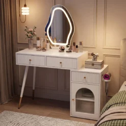 Schminktisch mit Spiegel Beleuchtung 3 Schubladen & Schrank Kosmetiktisch 106 x 40 x 134,5 cm Weiß