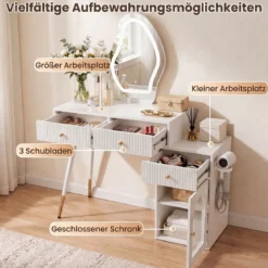 Schminktisch mit Spiegel Beleuchtung 3 Schubladen & Schrank Kosmetiktisch 106 x 40 x 134,5 cm Weiß