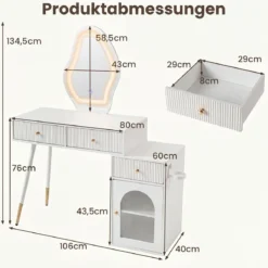 Schminktisch mit Spiegel Beleuchtung 3 Schubladen & Schrank Kosmetiktisch 106 x 40 x 134,5 cm Weiß