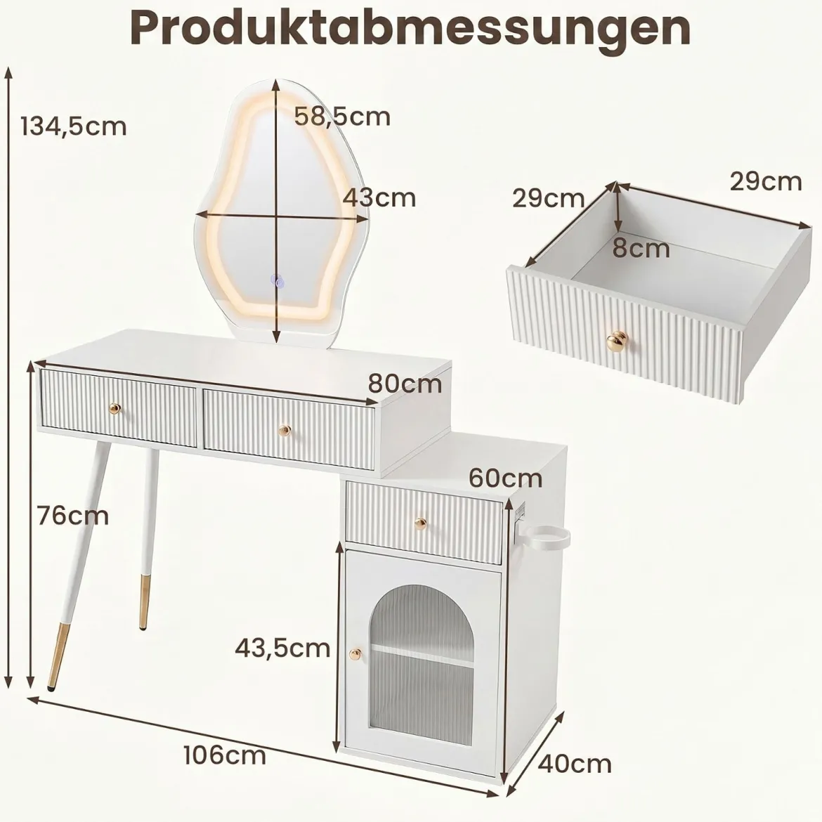 Schminktisch mit Spiegel Beleuchtung 3 Schubladen & Schrank Kosmetiktisch 106 x 40 x 134,5 cm Weiß