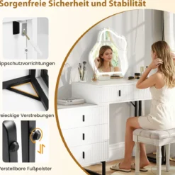 Schminktisch mit Spiegel & Beleuchtung Make-up-Tisch mit 3 Lichtmodi einstellbare Helligkeit Weiß