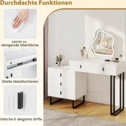 Schminktisch mit Spiegel & Beleuchtung Make-up-Tisch mit 3 Lichtmodi einstellbare Helligkeit Weiß
