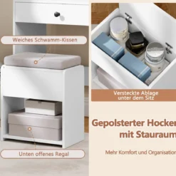 Schminktisch mit Spiegel & Beleuchtung & Hocker Frisiertisch Kosmetiktisch Weiß