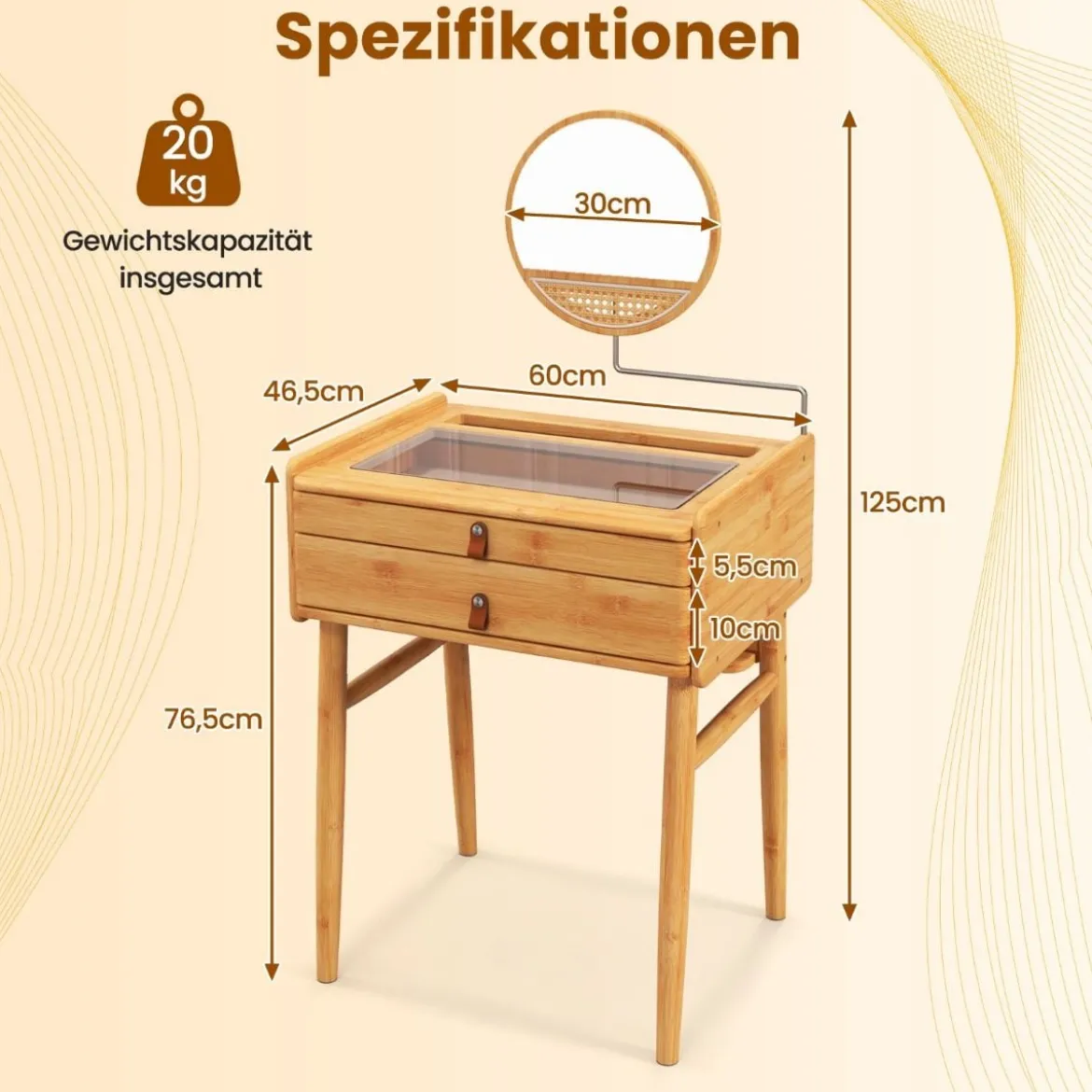 Schminktisch mit Spiegel & 2 Schubladen Kleiner Kosmetiktisch mit Tischplatte aus gehärtetem Glas & Stauraum