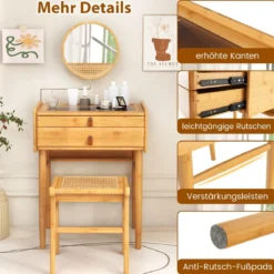Schminktisch mit Spiegel & 2 Schubladen Kleiner Kosmetiktisch mit Tischplatte aus gehärtetem Glas & Stauraum