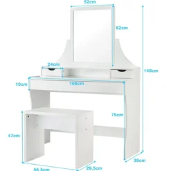 Schminktisch 3 Schubladen Make-up Tisch Frisiertisch mit Spiegel und Hocker Weiß 108 x 39 x 148 cm