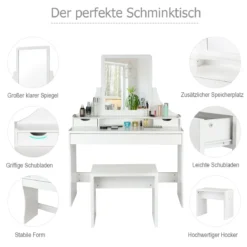 Schminktisch 3 Schubladen Make-up Tisch Frisiertisch mit Spiegel und Hocker Weiß 108 x 39 x 148 cm
