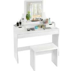 Schminktisch 3 Schubladen Make-up Tisch Frisiertisch mit Spiegel und Hocker Weiß 108 x 39 x 148 cm