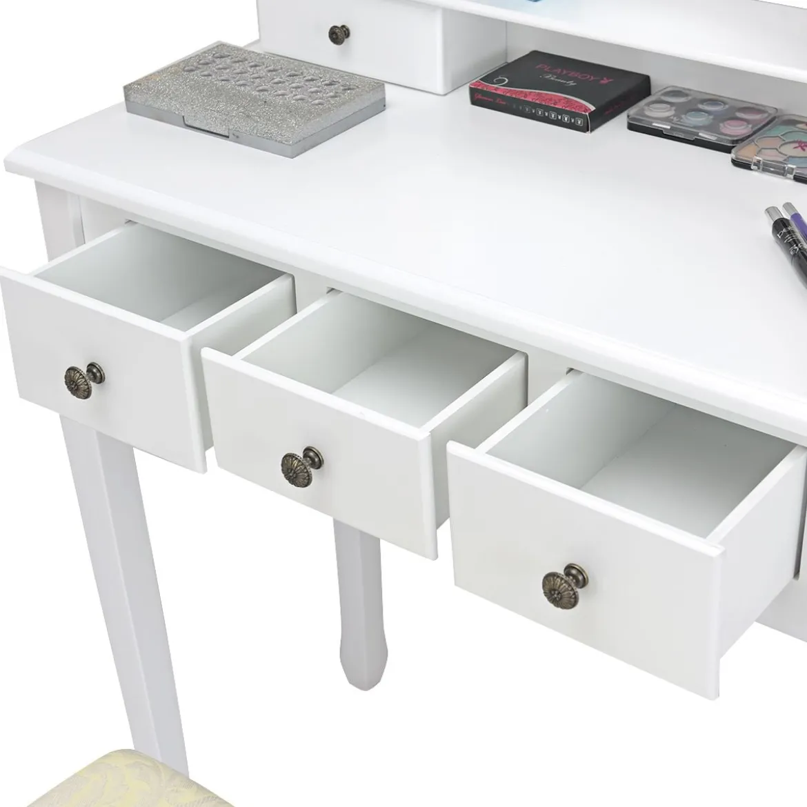 Schminktisch Set Frisiertisch Kosmetiktisch mit Hocker und Spiegel Weiß Holz