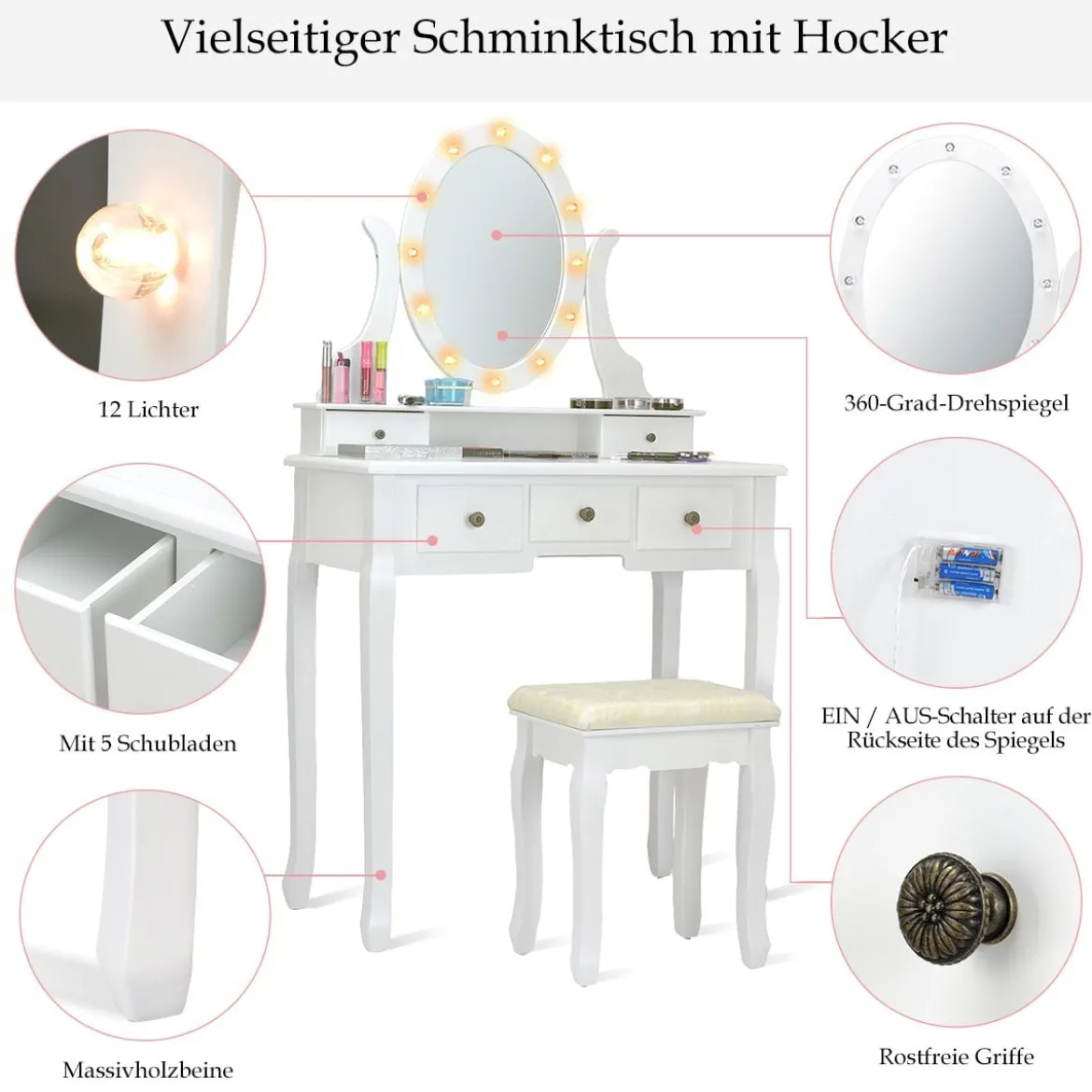 Schminktisch Set Frisiertisch Kosmetiktisch mit Hocker und Spiegel Weiß Holz