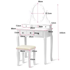 Schminktisch Set Frisiertisch Kosmetiktisch mit Hocker und Spiegel Weiß Holz