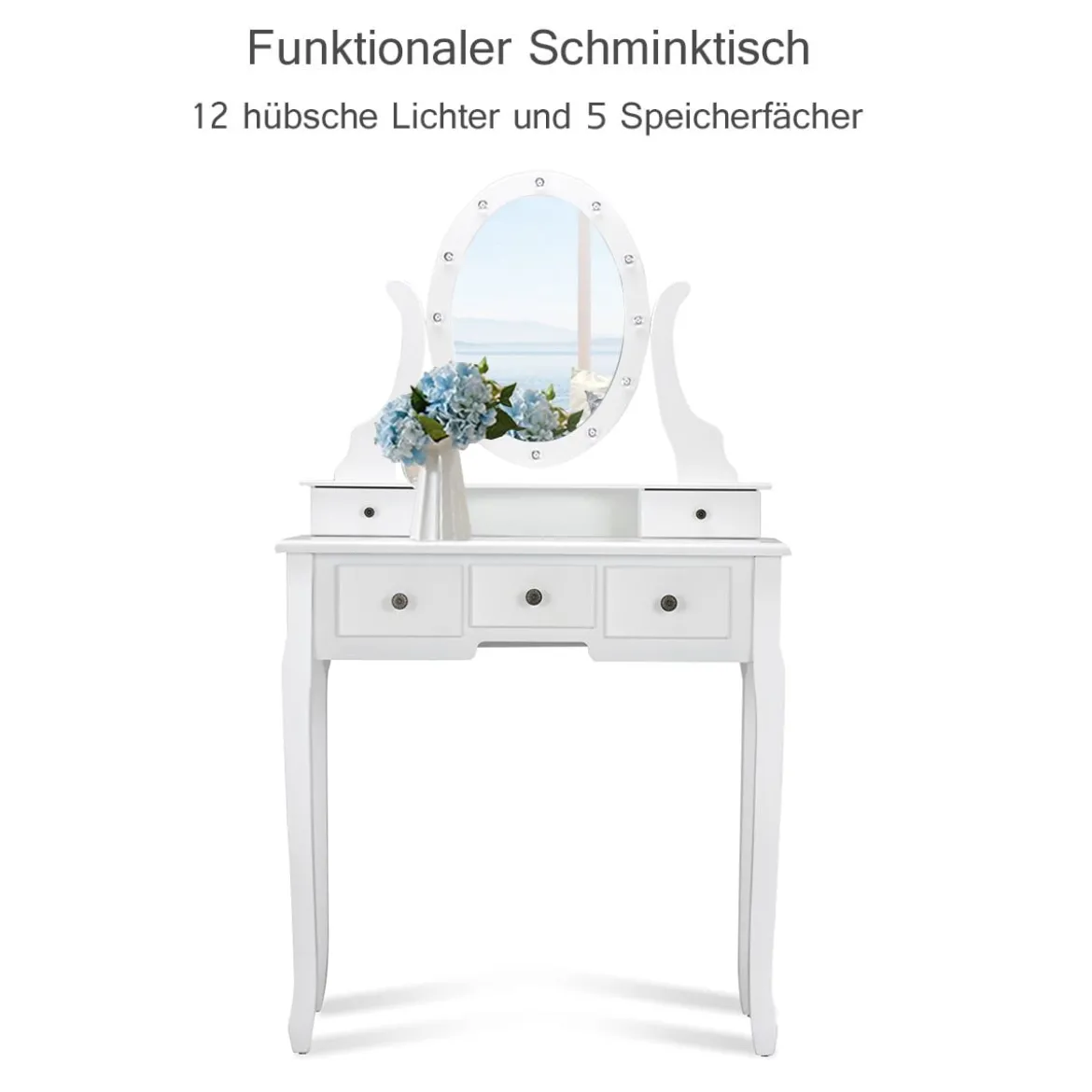 Schminktisch Set Frisiertisch Kosmetiktisch mit Hocker und Spiegel Weiß Holz