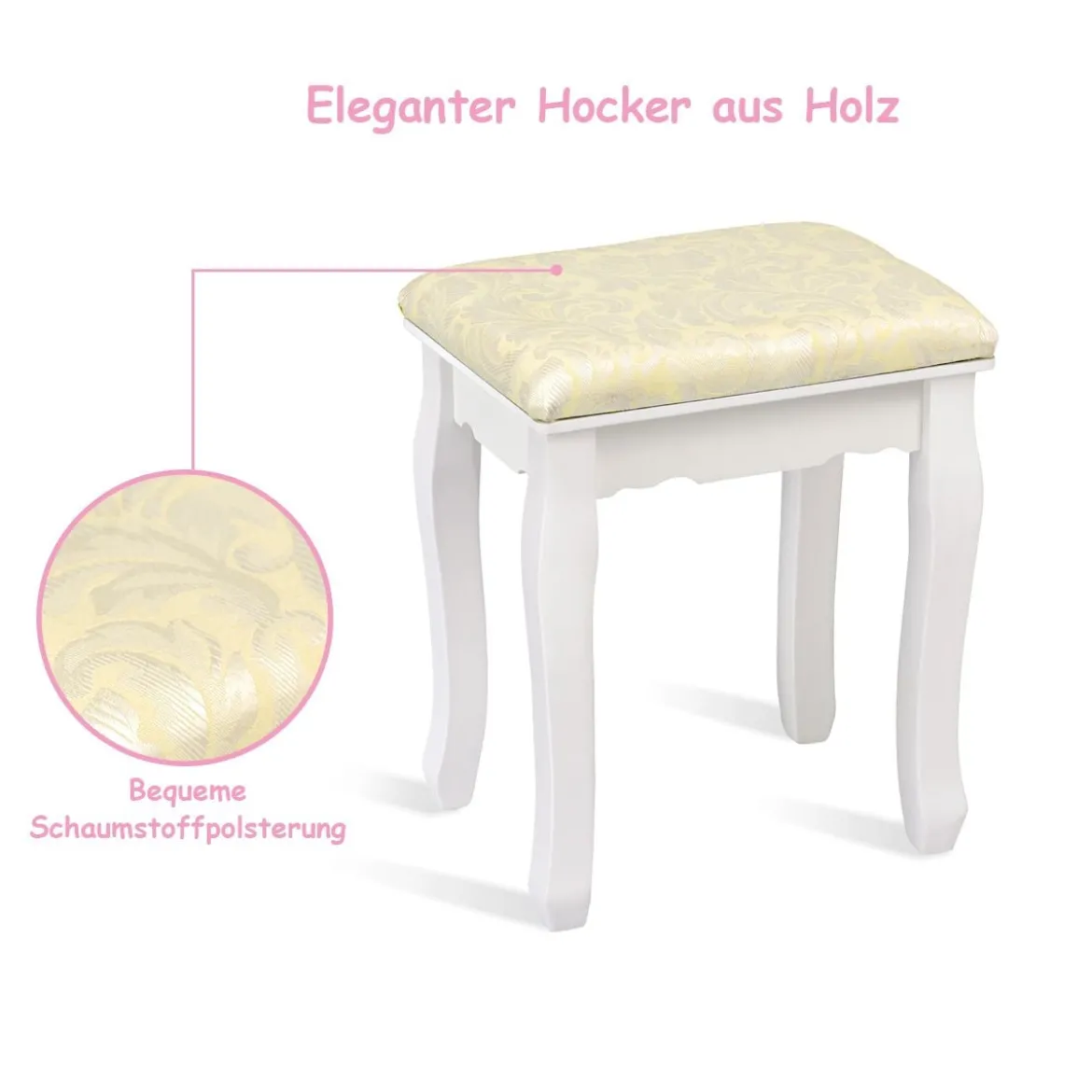 Schminktisch Set Frisiertisch Kosmetiktisch mit Hocker und Spiegel Weiß Holz