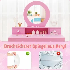 Schminktisch-Set für Kinder mit Spiegel Frisiertisch & Stuhl im Prinzessinnen-Motiv mit Acrylspiegel Rosa