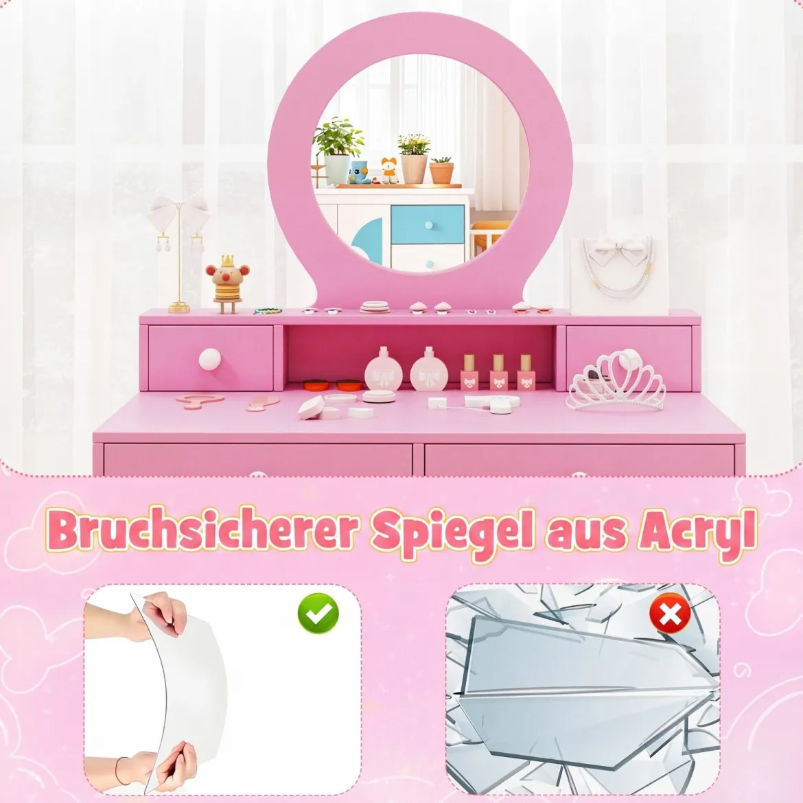 Schminktisch-Set für Kinder mit Spiegel Frisiertisch & Stuhl im Prinzessinnen-Motiv mit Acrylspiegel Rosa