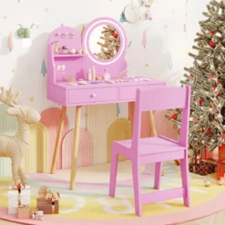 Schminktisch-Set für Kinder mit beleuchtetem Spiegel Kosmetiktisch und Stuhl-Set mit Prinzessinnen-Motiv Rosa