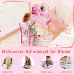 Schminktisch-Set für Kinder mit beleuchtetem Spiegel Kosmetiktisch und Stuhl-Set mit Prinzessinnen-Motiv Rosa
