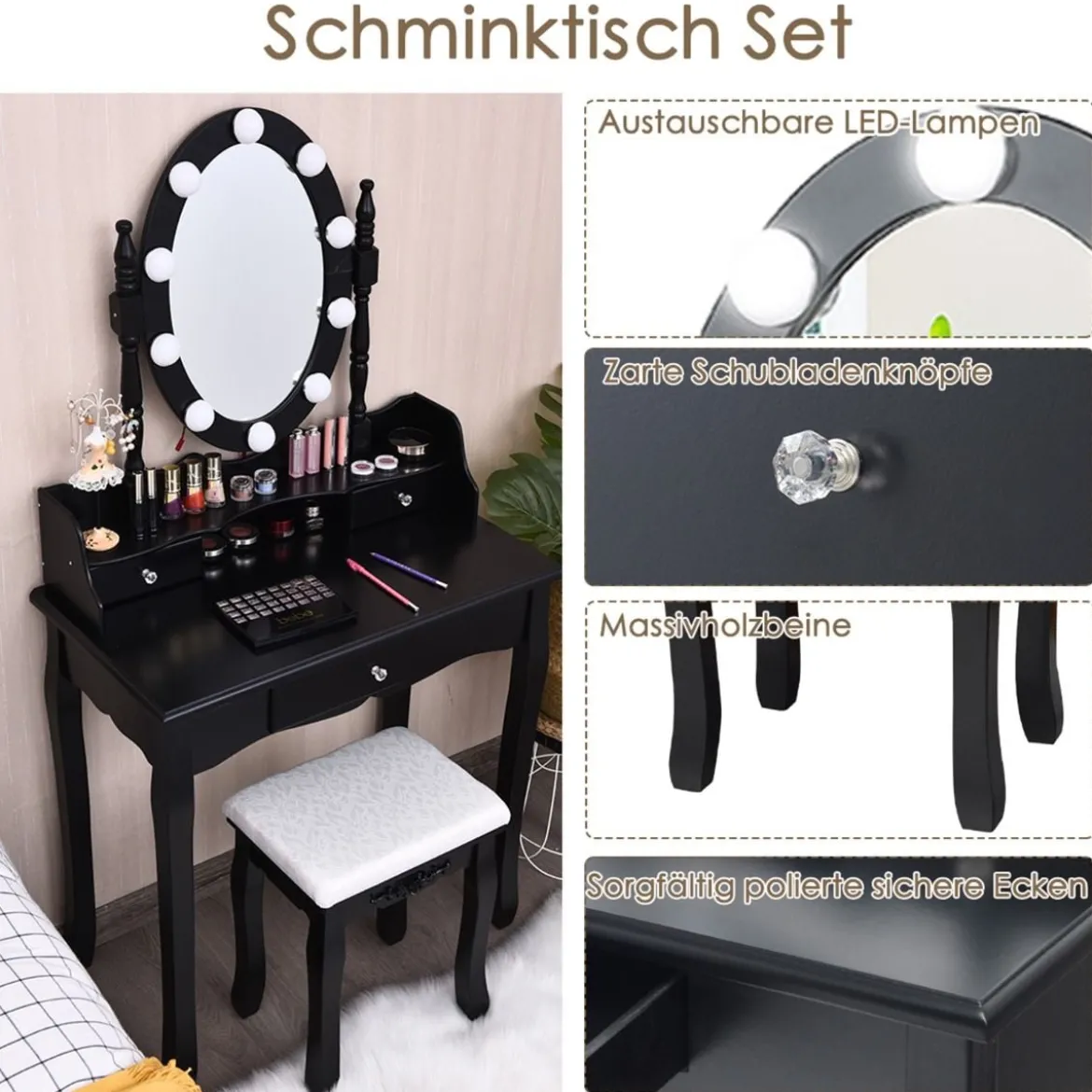 Schminktisch Set mit 360° drehbarem Spiegel Kosmetiktisch Schwarz