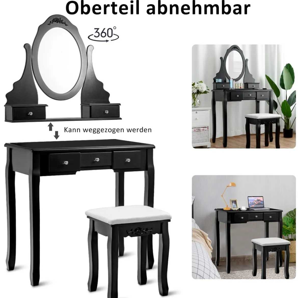 Schminktisch-Set mit 360° drehbarer ovaler Spiegel und Stuhl Kosmetiktisch mit 5 schubladen Schwarz