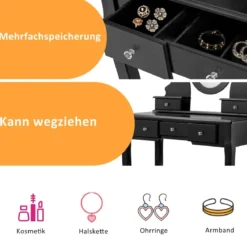 Schminktisch-Set mit 360° drehbarer ovaler Spiegel und Stuhl Kosmetiktisch mit 5 schubladen Schwarz