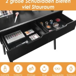 Schminktisch-Set mit gepolstertem Hocker rundem Spiegel Schubladen strapazierfähiger Struktur Schwarz