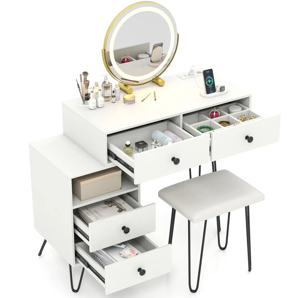 Schminktisch Set mit Hocker & Beleuchtung & Steckdose & Drehbarer Spiegel Kosmetiktisch