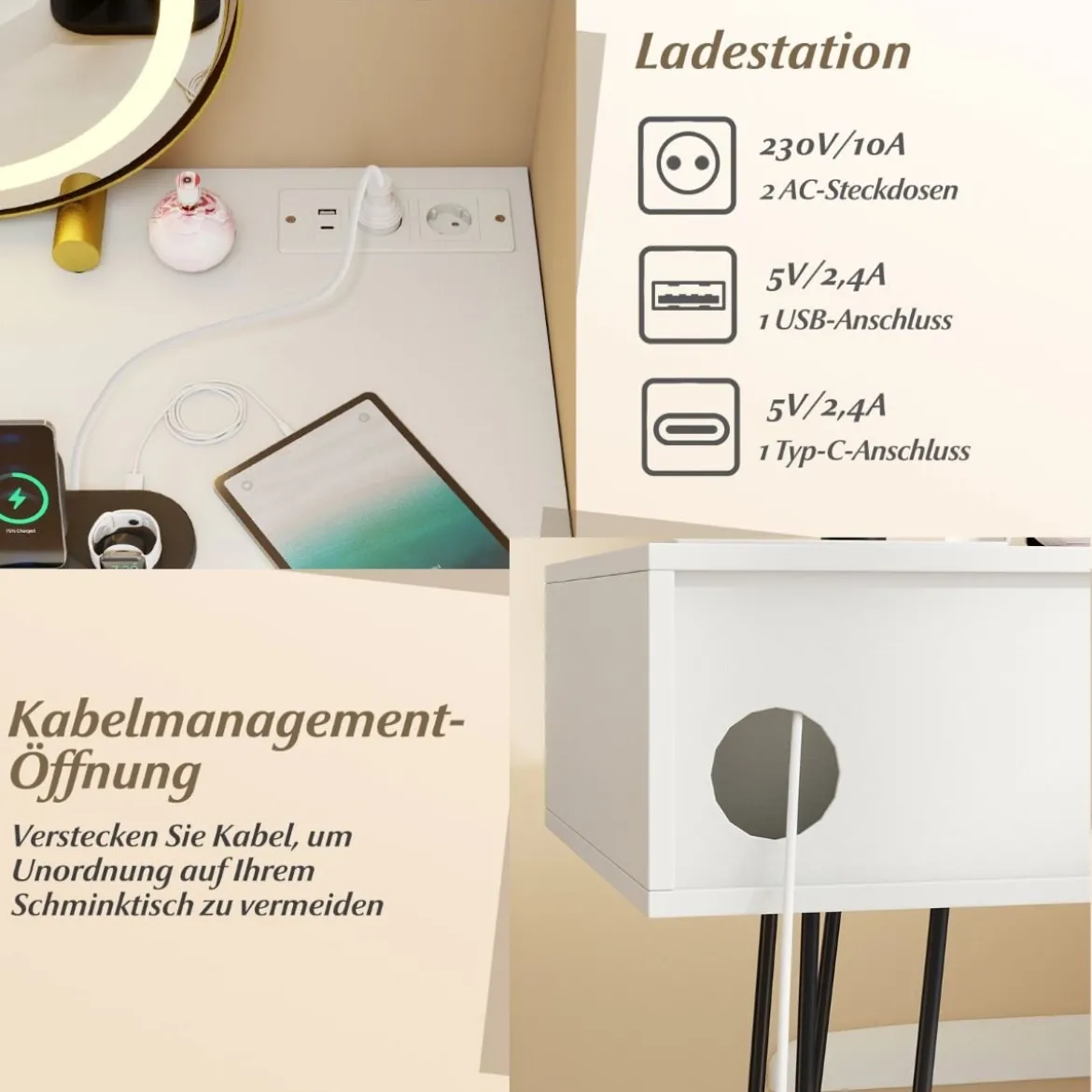 Schminktisch Set mit Hocker & Beleuchtung & Steckdose & Drehbarer Spiegel Kosmetiktisch