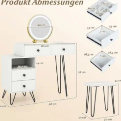 Schminktisch Set mit Hocker & Beleuchtung & Steckdose & Drehbarer Spiegel Kosmetiktisch