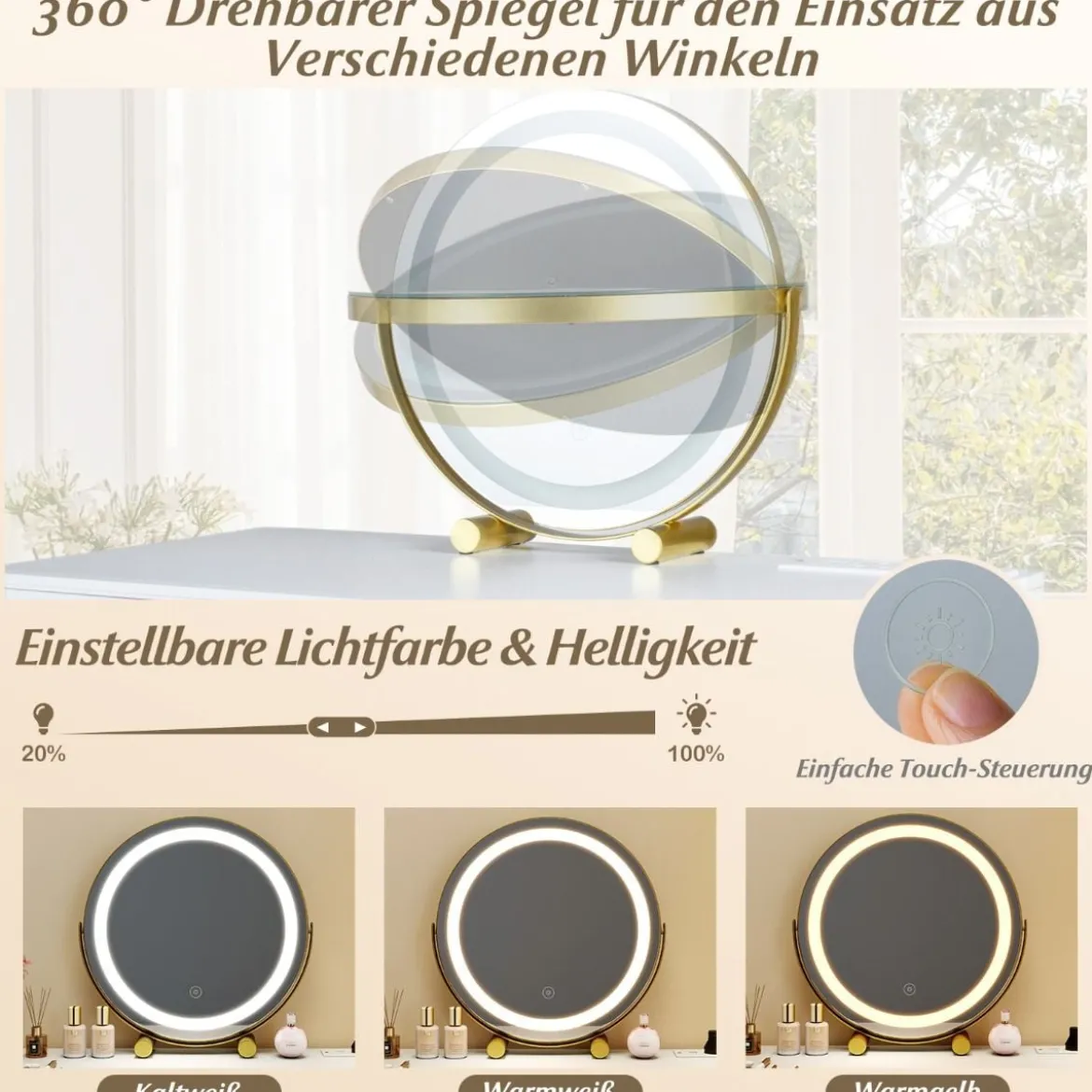 Schminktisch Set mit Hocker & Beleuchtung & Steckdose & Drehbarer Spiegel Kosmetiktisch