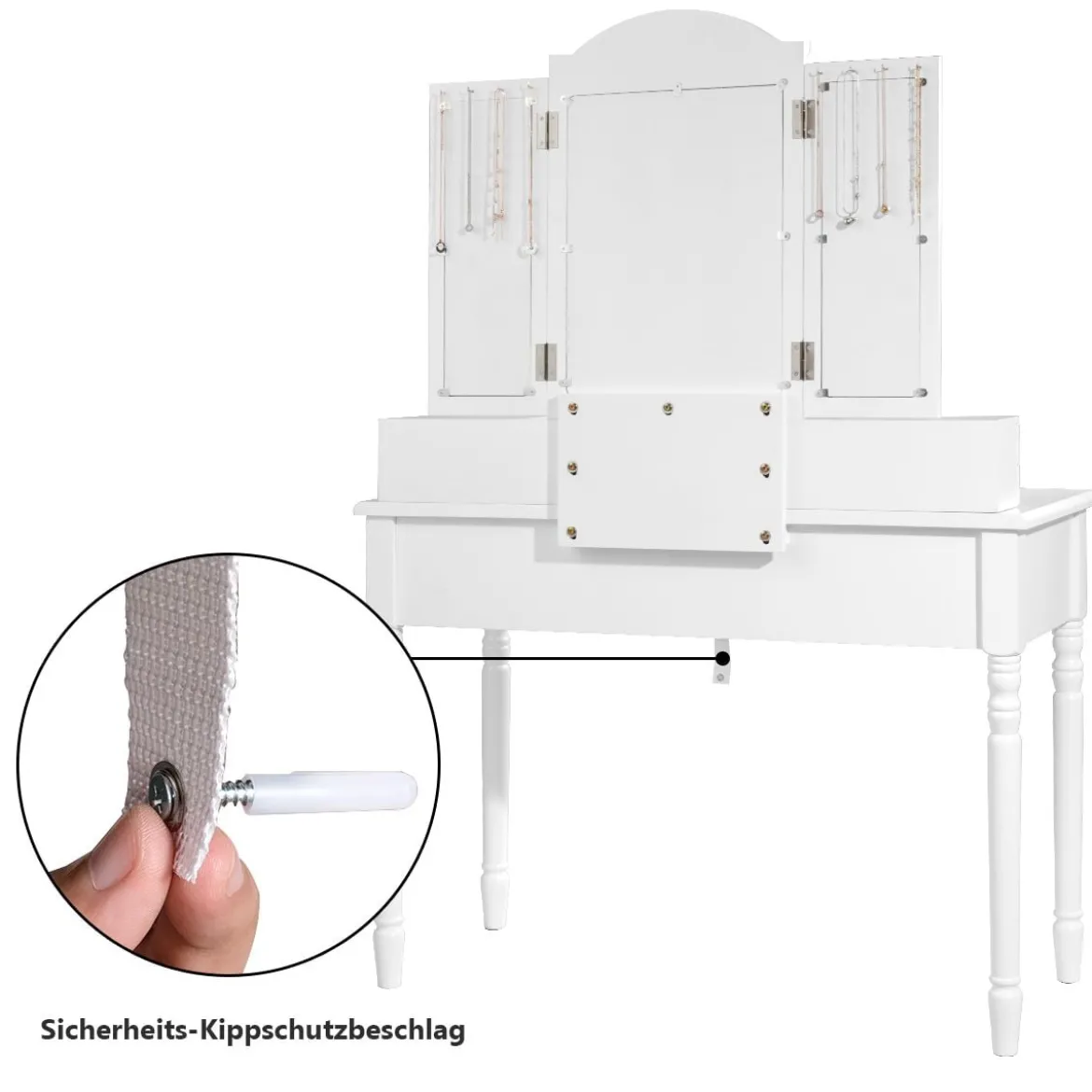 Schminktisch Set mit 7 Schubladen 3 fach klappbarem Halsketten Spiegel Kosmetiktisch Weiß