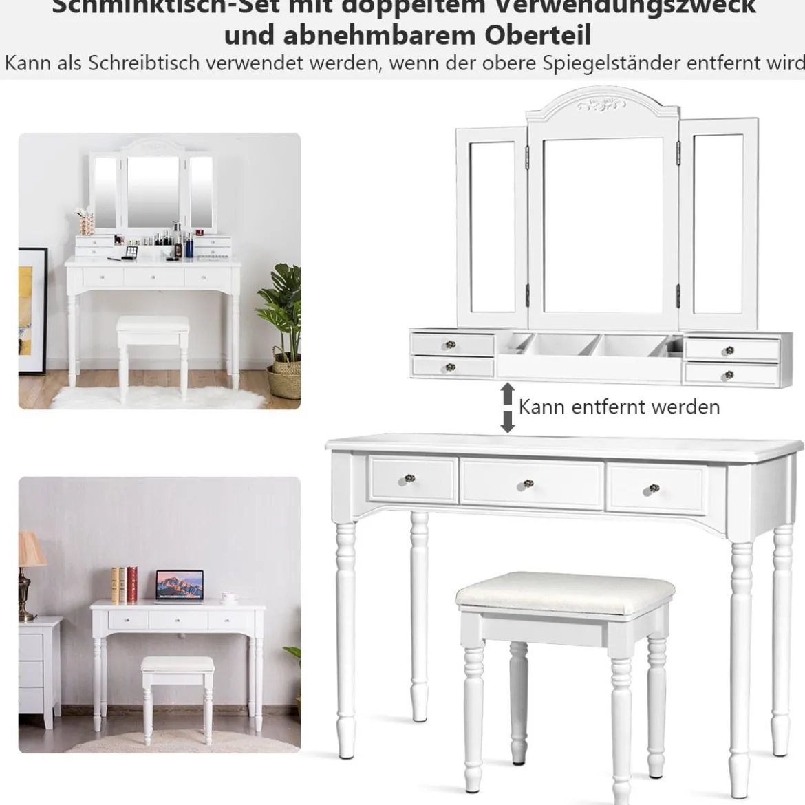 Schminktisch Set mit 7 Schubladen 3 fach klappbarem Halsketten Spiegel Kosmetiktisch Weiß