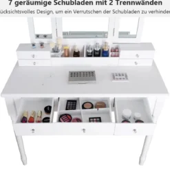 Schminktisch Set mit 7 Schubladen 3 fach klappbarem Halsketten Spiegel Kosmetiktisch Weiß