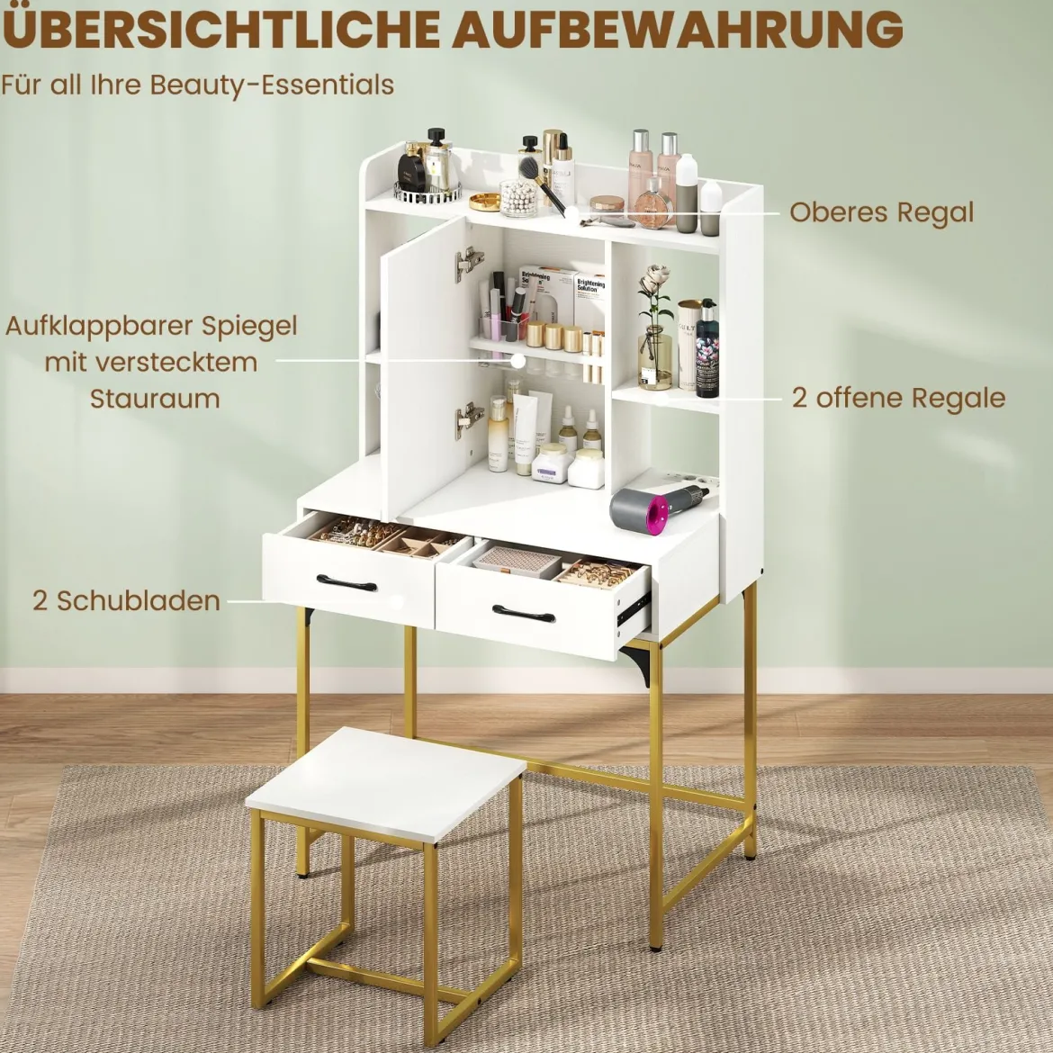 Schminktisch-Set mit Spiegel Schminktisch mit Ladestation Schubladen offenen Regalen und Spiegelschrank für Schlafzimmer Weiß