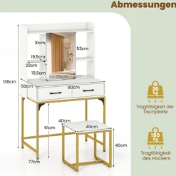 Schminktisch-Set mit Spiegel Schminktisch mit Ladestation Schubladen offenen Regalen und Spiegelschrank für Schlafzimmer Weiß