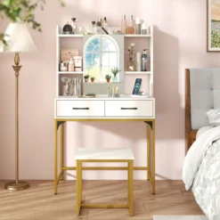 Schminktisch-Set mit Spiegel Schminktisch mit Ladestation Schubladen offenen Regalen und Spiegelschrank für Schlafzimmer Weiß