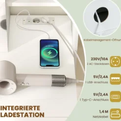 Schminktisch-Set mit Spiegel Schminktisch mit Ladestation Schubladen offenen Regalen und Spiegelschrank für Schlafzimmer Weiß