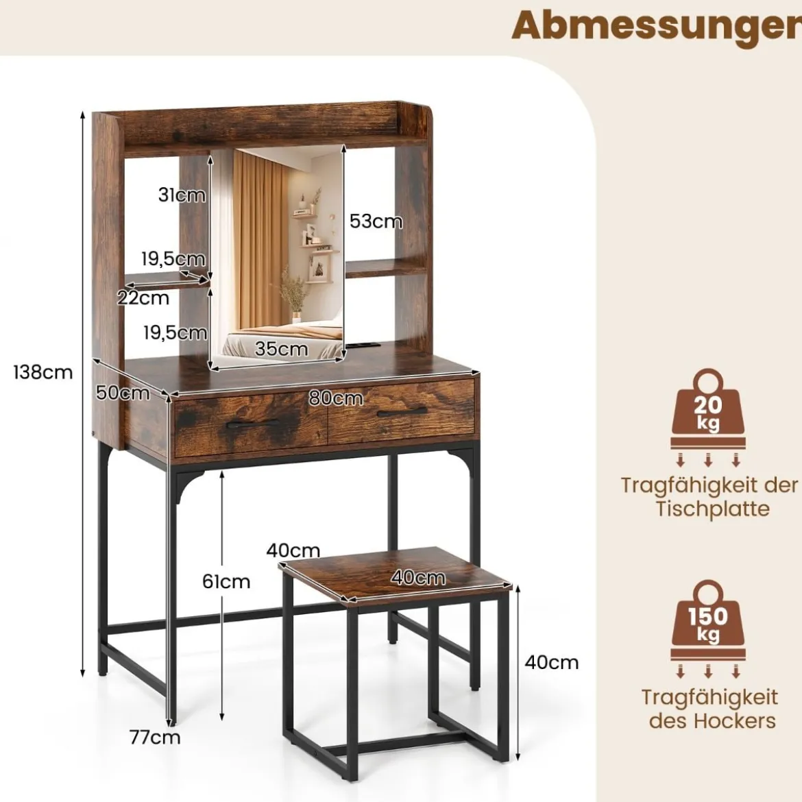 Schminktisch-Set mit Spiegel Schminktisch mit Ladestation Schubladen offenen Regalen Rustikal Braun