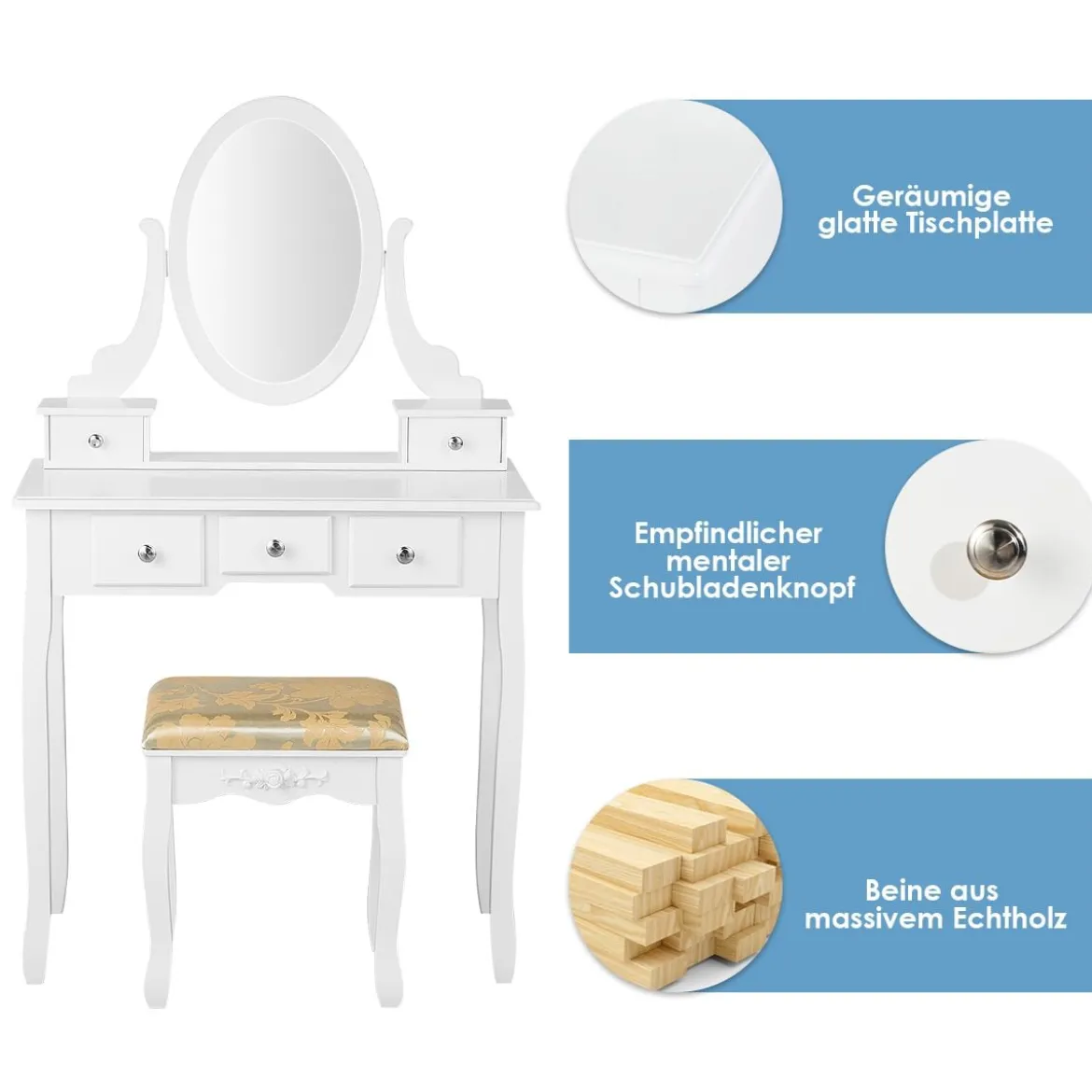 Schminktisch Set mit um 360° Drehbarem Spiegel & Hocker & 5 Schubladen Frisiertisch Weiß