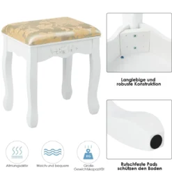 Schminktisch Set mit um 360° Drehbarem Spiegel & Hocker & 5 Schubladen Frisiertisch Weiß