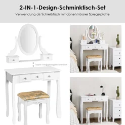 Schminktisch Set mit um 360° Drehbarem Spiegel & Hocker & 5 Schubladen Frisiertisch Weiß