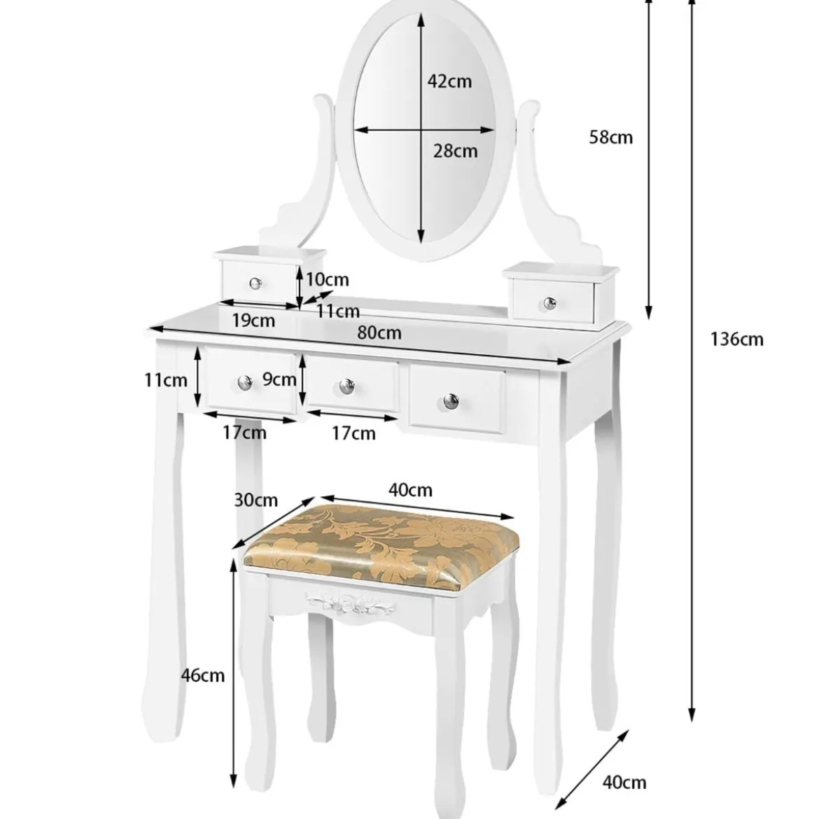 Schminktisch Set mit um 360° Drehbarem Spiegel & Hocker & 5 Schubladen Frisiertisch Weiß