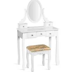 Schminktisch Set mit um 360° Drehbarem Spiegel & Hocker & 5 Schubladen Frisiertisch Weiß