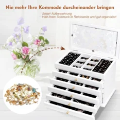 Schmuckkasten 6 Fächer Schmuckschatulle Juwelen Vitrine Halter mit 5 Schubladen Weiß 30 x 19 x 25 cm