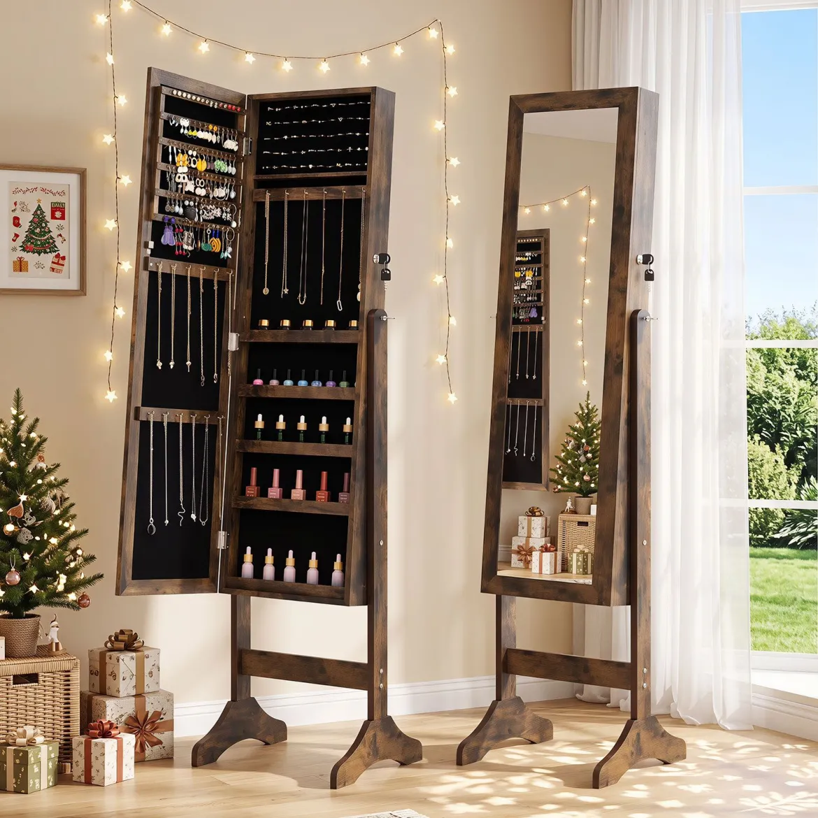 Schmuckschrank Abschließbarer Spiegelschrank mit Ganzkörperspiegel 40 x 36 x 156 cm