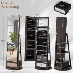 Schmuckschrank 360° drehbar Spiegelschrank abschließbar Schmuckregal mit Ganzkörperspiegel Lila