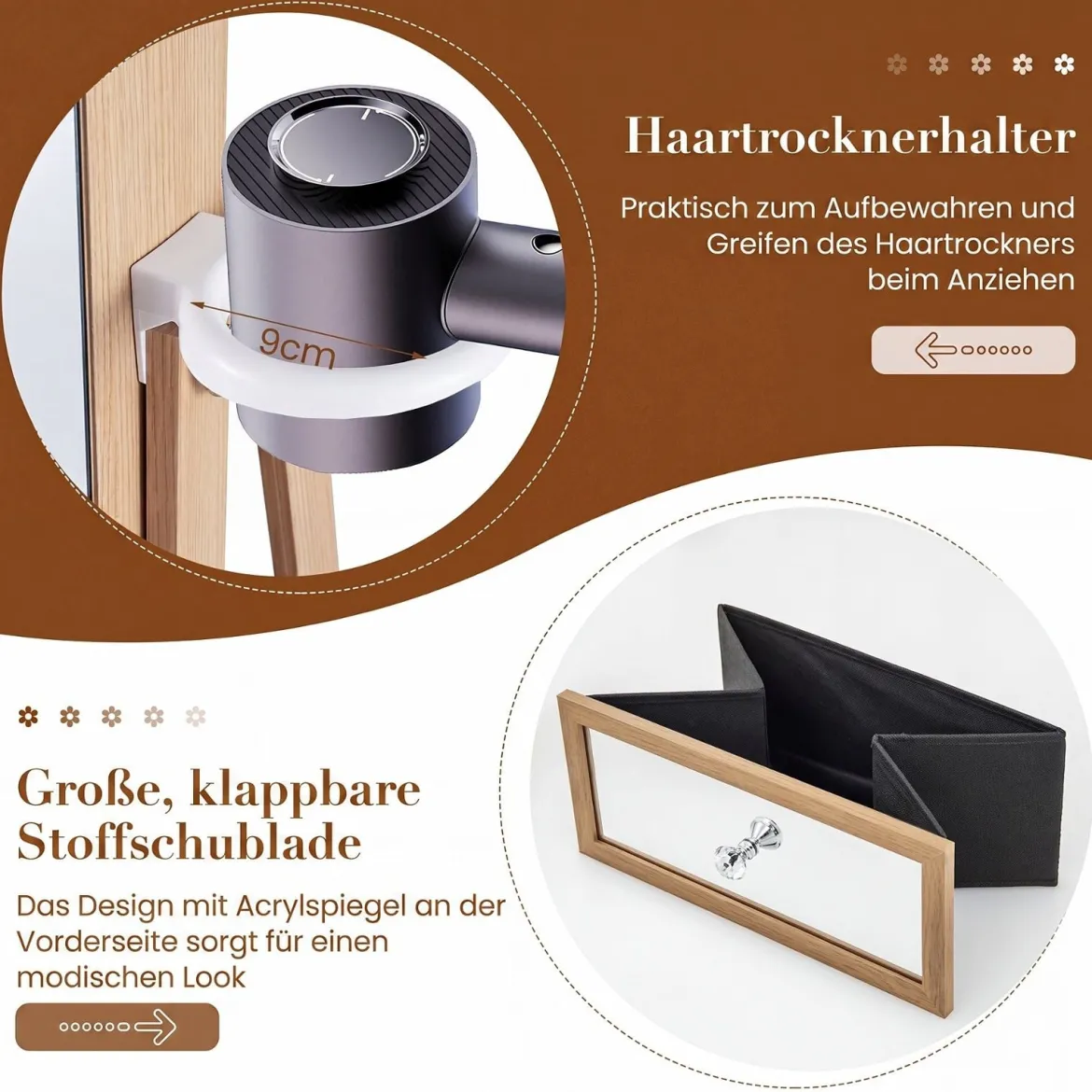 Schmuckschrank 360° Drehbar Spiegelschrank Abschließbar Schmuckregal mit Ganzkörperspiegel Natur