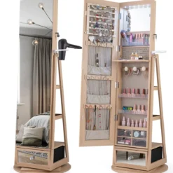 Schmuckschrank 360° Drehbar Spiegelschrank Abschließbar Schmuckregal mit Ganzkörperspiegel Natur